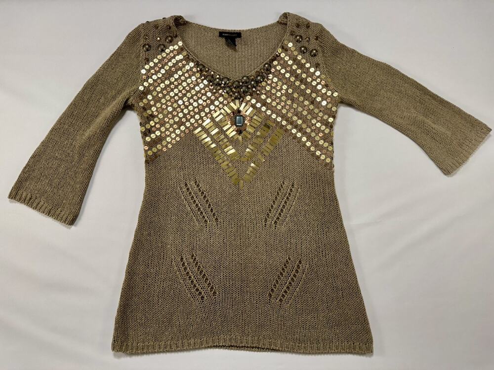 BCBG Maxazria Tan/Gold Shimmer Embellished Designer V-Neck Sweater Size L